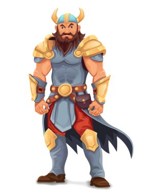 Eski fantezi savaşçısı, sert yüzlü, zırhlı, tehditkar duruşu ve beyaz arka planda izole edilmiş çizgi film vektör çizimi ile.