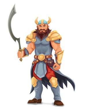 Eski fantezi savaşçısı, sert yüzlü, zırhlı, tehditkar duruşu ve beyaz arka planda izole edilmiş çizgi film vektör çizimi ile.