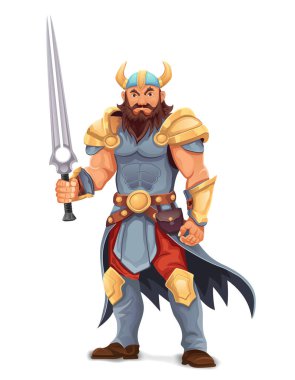 Eski fantezi savaşçısı, sert yüzlü, zırhlı, tehditkar duruşu ve beyaz arka planda izole edilmiş çizgi film vektör çizimi ile.