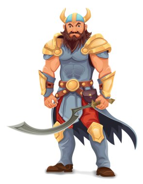 Eski fantezi savaşçısı, sert yüzlü, zırhlı, tehditkar duruşu ve beyaz arka planda izole edilmiş çizgi film vektör çizimi ile.