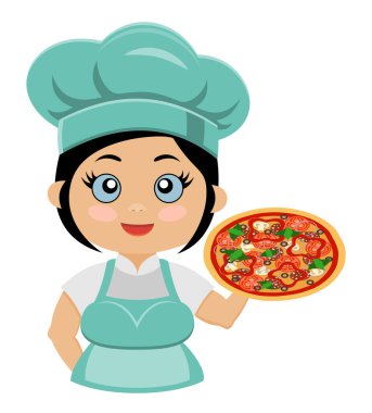 Kız aşçı aşçı mutfak vektör illüstrasyonunda yemek ve yemek hazırlıyor beyaz arka planda izole edilmiş.