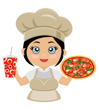 Kız aşçı aşçı mutfak vektör illüstrasyonunda yemek ve yemek hazırlıyor beyaz arka planda izole edilmiş.