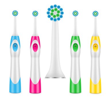 Diş fırçası ve diş temizliği için elektrikli diş fırçası. Beyaz arka planda izole edilmiş stok vektör çizimi.