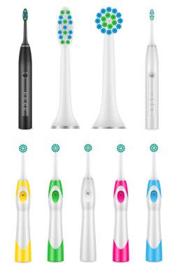 Diş fırçası ve diş temizliği için elektrikli diş fırçası. Beyaz arka planda izole edilmiş stok vektör çizimi.