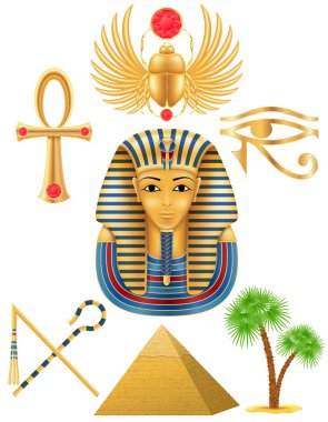 Eski mitolojinin sembolleri. Beyaz arka planda izole edilmiş Mısır çizgi film stok vektör çizimi.