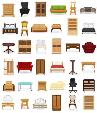 Beyaz arka planda birçok farklı ev mobilyası karikatür stok vektör çizimi izole