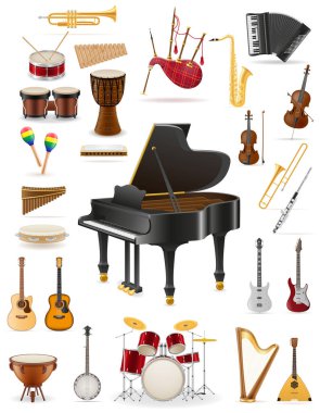 Beyaz arkaplanda izole edilmiş birçok farklı müzik enstrümanı çizgi film stok vektör illüstrasyonu