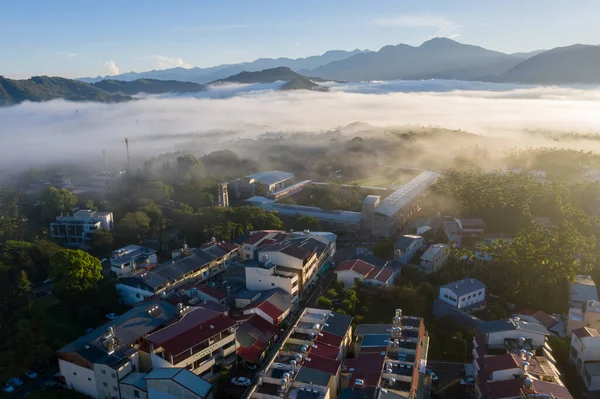 Morning Cloudy Landscape Buildings Clouds Mist Yuchi Township Nantou Taiwan — Stock Photo, Image
