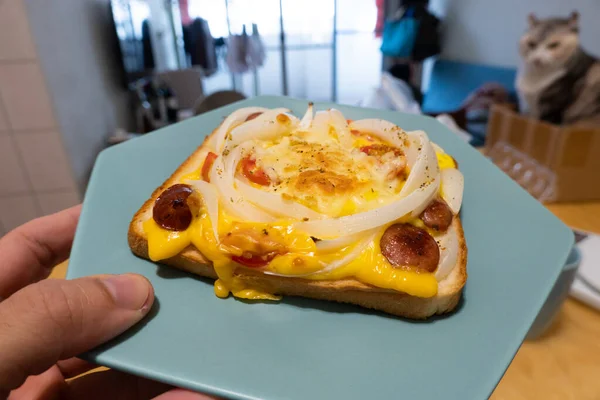 Breakfast Homemade Toast Topped Sausage Cheese Onions — Stock Photo, Image