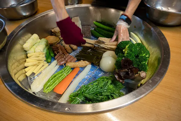 Variedad Verduras Ingredientes Para Pollo Salado Taiwanés Hot Pot — Foto de Stock