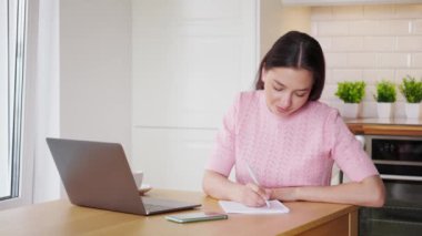 Ev mutfağında dizüstü bilgisayarla çalışan güzel bir genç kadın. Evde çalış. Serbest, uzak çalışma