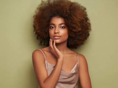 Afro saçlı Afrikalı Amerikalı bir kızın güzel portresi. Güzel siyah kadın. Kozmetik, makyaj ve moda
