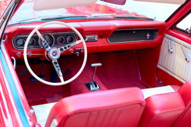 Miami, Florida - January 29, 2023: The Ford Mustang is a car made by Ford. In continuous production since 1964, the Mustang is currently the longest-produced Ford car and the 5th best selling.