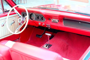 Miami, Florida - January 29, 2023: The Ford Mustang is a car made by Ford. In continuous production since 1964, the Mustang is currently the longest-produced Ford car and the 5th best selling.