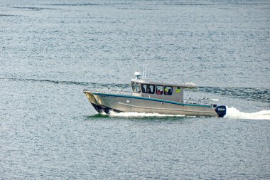 ICY STRAIT, ALASKA - 9 Mayıs 2023: Buzlu Boğaz, Alaska 'nın güneydoğusundaki Alexander Takımadası' nda bir boğazdır. Yakındaki yolcu gemisinin varış yeri Icy Boğazı Noktası 'na atıfta bulunuldu..