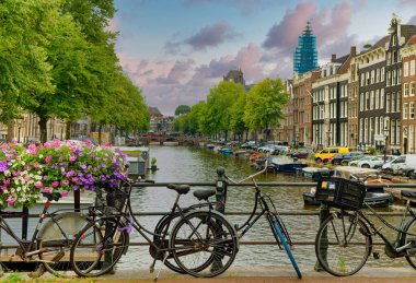AMSTERDAM, NETHERLANDS - 24 Ağustos 2023: Amsterdam, sanatsal mirası, ayrıntılı kanal sistemi ve dar cepheli evleri ile bilinen Hollanda başkentidir..