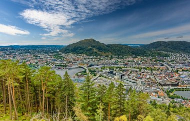 BERGEN, NORway - 28 Ağustos 2023: Norveç 'in batı kıyısındaki Bergen yedi dağlık şehir olarak bilinir. Norveç 'in en işlek limanıdır ve yılda yaklaşık 500 bin yolcusu vardır.