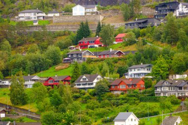 EIDFJORD, NORway - 11 Eylül 2023: Eidfjord, Norveç 'in Hardanger ilçesine bağlı bir belediyedir. Eidfjord köyü büyük bir yolcu gemisi limanı..