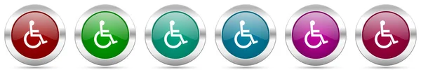 Wózek Inwalidzki Srebrny Metaliczny Wektor Zestaw Ikon Okrągłe Błyszczące Przyciski — Wektor stockowy