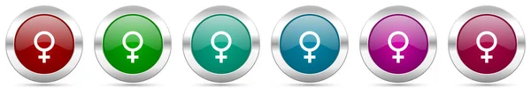 女性の銀金属ベクトルアイコンセット ウェブデザインのためのクロム境界とラウンド光沢のあるボタン — ストックベクタ