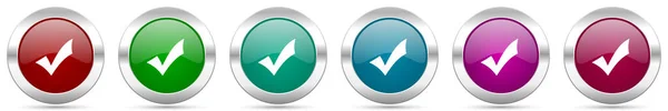 Aceptar Conjunto Iconos Vectores Metálicos Plata Botones Brillantes Redondos Con — Vector de stock