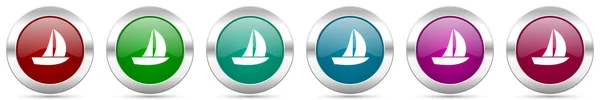 游艇银金属矢量图标集 圆形光滑按钮 带有铬边框 用于网页设计 — 图库矢量图片#