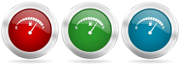 油表计 汽车汽油仪表盘矢量图标集 带铬边框的红 绿银网钮扣 — 图库矢量图片