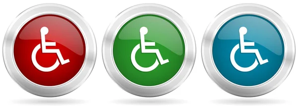 Ikona Vektoru Invalidního Vozíku Nastavena Červené Modré Zelené Stříbrné Kovové — Stockový vektor