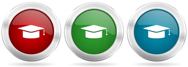 Graduation Cap Education Vector Icon Set Red Blue Green Silver — Stock Vector