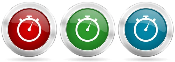 Ikona Stopwatch Vektoru Nastavena Červené Modré Zelené Stříbrné Kovové Síťové — Stockový vektor
