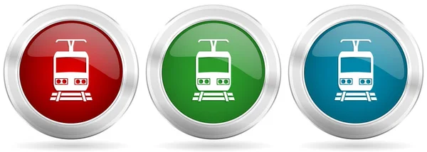 Ikona Vektoru Vlaku Nastavena Červené Modré Zelené Stříbrné Kovové Síťové — Stockový vektor
