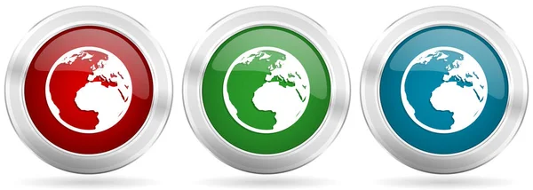 Earth Vector Icon Set Red Blue Green Silver Metallic Web — Stock Vector