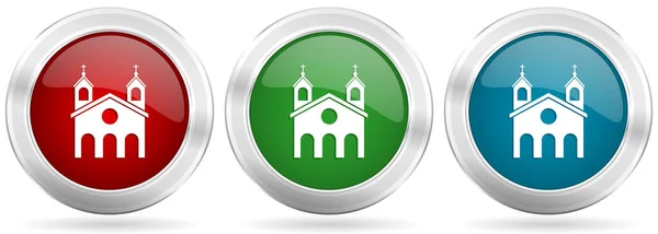 教会のベクトルアイコンセット クロムの境界線と赤 青と緑の銀の金属ウェブボタン — ストックベクタ