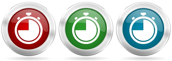 Klok Horloge Stopwatch Vector Icoon Set Rood Blauw Groen Zilver — Stockvector