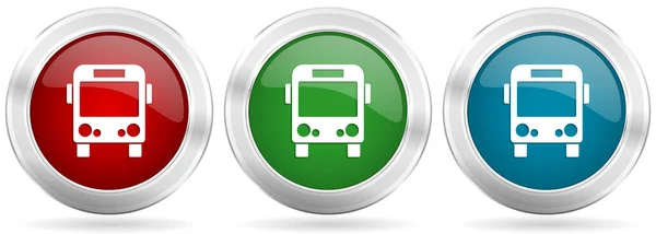 Bus Conjunto Iconos Vector Viaje Botones Web Metálicos Plata Roja — Vector de stock