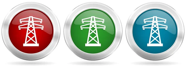 パワー エネルギータワーベクトルアイコンセット クロムの境界線と赤 青と緑の銀の金属ウェブボタン — ストックベクタ