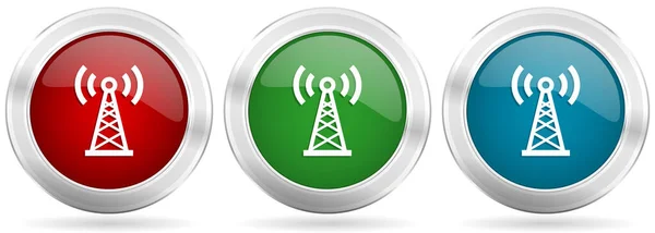 Antenna Network Vector Icon Set Red Blue Green Silver Metallic — Stock Vector