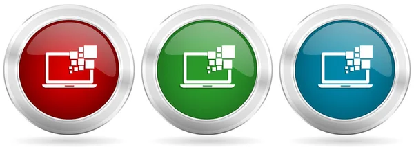 ノートパソコン ノートパソコン コンピューターのベクトルアイコンセット クロムの境界線と赤 青と緑の銀の金属ウェブボタン — ストックベクタ