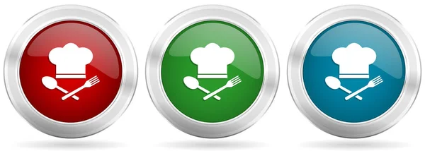 Chef Hat Meniu Restaurant Concept Vector Icon Set Butoane Metalice — Vector de stoc