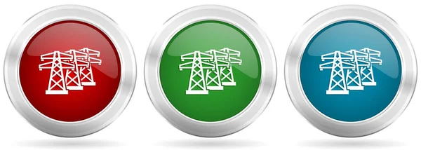 电力线路 能量塔矢量图标集 带铬边框的红 绿银网钮扣 — 图库矢量图片