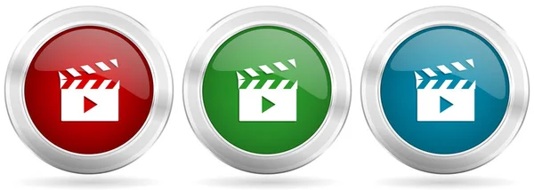 Set Icone Vettoriali Video Bottoni Metallici Argento Rosso Blu Verde — Vettoriale Stock