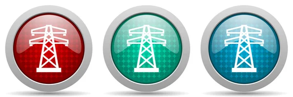 Moc Zestaw Ikon Wektorowych Wieży Energetycznej Błyszcząca Kolekcja Przycisków Sieciowych — Wektor stockowy