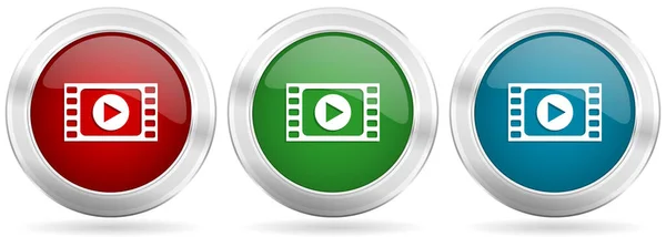 Video Vektor Icon Set Rote Blaue Und Grüne Metallic Webknöpfe — Stockvektor