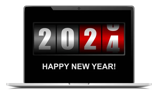 Feliz Ano Novo 2024 Ilustração Vetorial Com Contador Tela Notebook — Vetor de Stock