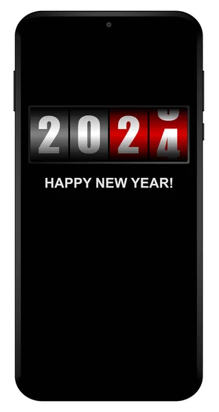 快乐新年2024矢量插图与计数器在手机屏幕上 — 图库矢量图片