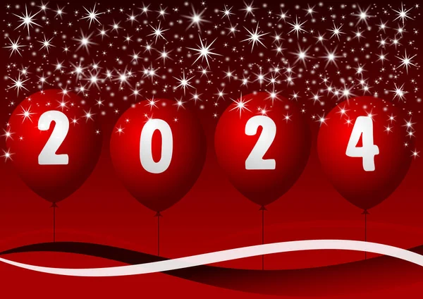 Nieuwjaar 2024 Wenskaart Met Ballonnen Ster Rode Achtergrond — Stockfoto