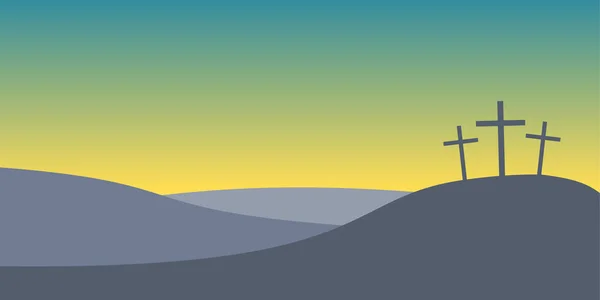 Golgotha Dağı Nda Haç Günbatımında Calvary Hill Haçlarla Paskalya Konsepti — Stok Vektör