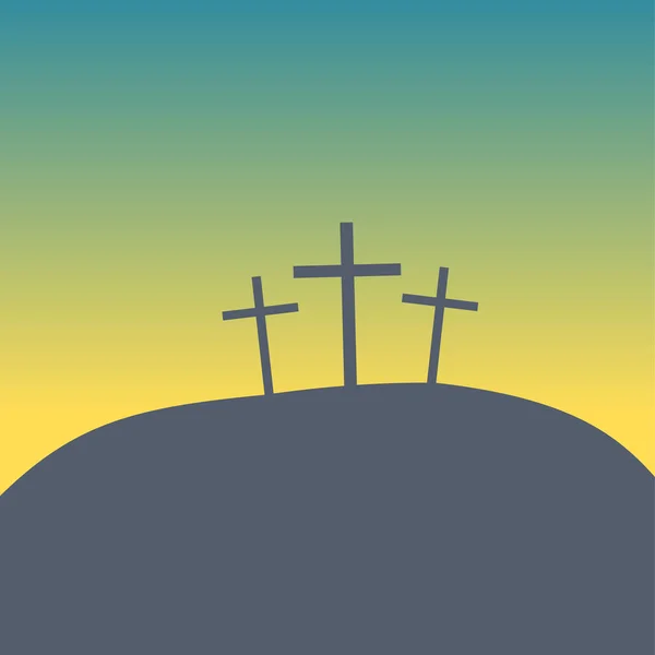 Golgotha山的三个十字架 日落时在加略山有十字的复活节概念矢量图解 — 图库矢量图片
