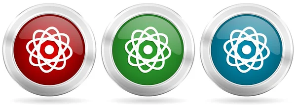 Ikona Vektoru Atom Nastavena Červené Modré Zelené Stříbrné Kovové Síťové — Stockový vektor
