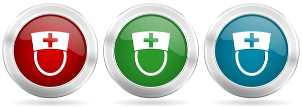 Enfermera Vector Icono Conjunto Botones Web Metálicos Plata Roja Azul — Archivo Imágenes Vectoriales